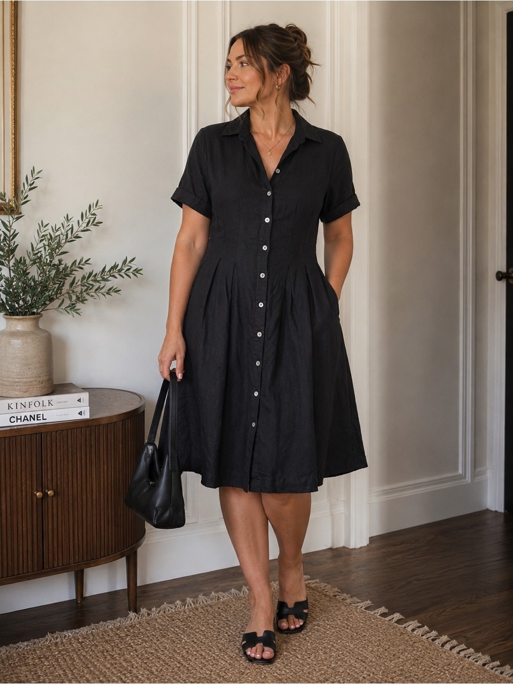 H Halston Black Linen Blend Shirt Dress Button Front Pockets 10 Classic Office